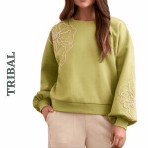 Tribal Wasabi Floral Embroidered Sweatshirt Pullover Medium